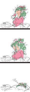 3koma alarm_clock blanket breasts clock comic davewaterfalls dragon_girl fire_emblem fire_emblem_awakening green_eyes green_hair horse_girl large_breasts nightstand nintendo pajamas pillow pointy_ears sketch sleeping tiki_(adult)_(fire_emblem) tiki_(fire_emblem) waking_up