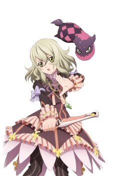 Rule 34 | 1girl, artist request, black boots, blonde hair, boots, bow, commentary, cowboy shot, creature, cropped jacket, doll, dress, elize lutus, frills, game cg, green eyes, holding, holding staff, jewelry, looking at viewer, medium hair, official art, open mouth, pendant, purple bow, purple dress, purple ribbon, ribbon, solo, staff, standing, tales of (series), tales of asteria, tales of xillia, teepo (tales), third-party source, transparent background