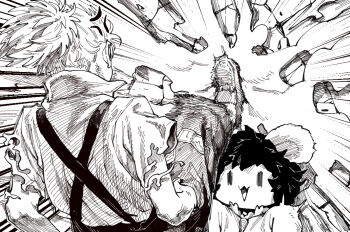 Rule 34 | 2girls, anger vein, animal ears, carrot, explosion, from behind, fujiwara no mokou, greyscale, hands in pockets, inaba tewi, jewelry, kabedon, kicking, monochrome, multiple girls, necklace, ponytail, rabbit ears, sendai (nazonomono), suspenders, torn clothes, torn sleeves, touhou, trembling, | |