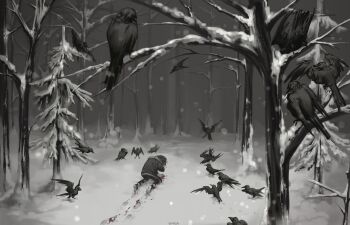 1other atmospheric_perspective bare_tree bird bird_footprints blood bloody_footprints coat coughing coughing_blood crow footprints from_behind greyscale haze highres kneeling light_particles monochrome on_tree original shoes sneakers snow snow_on_tree snowing solo spot_color tomtit_bird too_many too_many_birds tree winter winter_clothes winter_coat