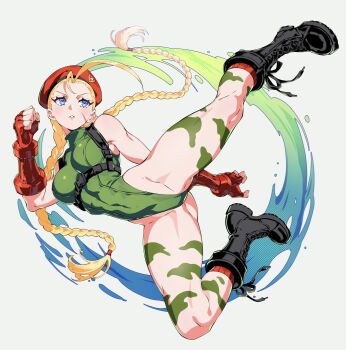 Rule 34 | 1girl, absurdres, atomicmrshmallw, beret, black boots, blonde hair, blue eyes, boots, braid, breasts, cammy white, commentary, english commentary, fingerless gloves, gloves, green leotard, hat, highres, leotard, long hair, parted lips, red gloves, red hat, solo, street fighter, twin braids, twintails