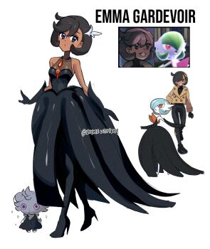 1girl absurdres alternate_color artist_name bare_shoulders black_dress black_gloves black_hair blue_eyes bob_cut collarbone cosplay dark-skinned_female dark_skin dress elbow_gloves emma_(pokemon) gardevoir gen_3_pokemon gloves halter_dress halterneck high_heels highres mega_gardevoir mega_gardevoir_(cosplay) mega_pokemon nintendo official_art_inset pokemon pokemon_legends:_z-a rhymewithray screenshot_inset shiny_pokemon short_hair swept_bangs white_fur