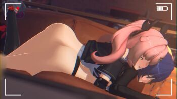 1futa 1girl 3d animated bare_shoulders belle_(zenless_zone_zero) black_panties black_ribbon black_shirt black_sleeves black_thighhighs blue_hair blush clothing_cutout couch cropped_shirt detached_sleeves feet_out_of_frame from_side full_body futa_with_female futanari green_eyes grey_shoes hair_ribbon indoors jacket long_hair long_sleeves looking_afar looking_at_another looping_animation lying lying_on_person mihoyo nicole_demara off-shoulder_shirt off_shoulder on_couch on_stomach open_mouth panties pink_hair profile recording ribbon rouge_nine sex sex_from_behind shirt shoes short_hair short_sleeves shoulder_cutout single_thighhigh smile sneakers straight-on tagme thighhighs tomboy twintails underwear video white_shirt zenless_zone_zero