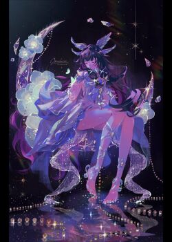 1girl barefoot beads black_hair bug butterfly closed_eyes columbina_(genshin_impact) crescent crystal dress eye_mask flower full_body genshin_impact glint head_wings highres insect long_hair mask multicolored_hair omces96 purple_hair sitting solo sparkle white_dress wings