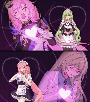 2girls ;o absurdres apron black_dress black_gloves black_necktie black_pantyhose black_shrug blue_eyes breasts coat collared_shirt commentary corset dress earrings elbow_gloves elf elysia_(honkai_impact) elysia_(miss_pink)_(honkai_impact) elysia_(miss_pink_elf)_(honkai_impact) english_commentary fake_horns gloves green_shirt hair_ornament highres honkai_(series) honkai_impact_3rd horns jewelry lab_coat large_breasts long_hair maid maid_apron maid_headdress mobius_(honkai_impact) mobius_(mobius_dressing)_(honkai_impact) mobius_(pre-surgery)_(honkai_impact) multiple_girls necktie official_alternate_costume one_eye_closed pantyhose partially_shaded_face pink_dress pink_hair pointy_ears puffy_sleeves purple_background rena_(rrena) shirt shrug_(clothing) thighhighs very_long_hair white_apron white_coat white_corset white_gloves white_thighhighs yuri