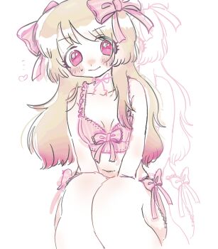 1girl alternate_costume artist_request bad_id bad_twitter_id blush bra breasts chaos_marie_(grimms_notes) closed_mouth grimms_notes highres looking_at_viewer panties pink_bra pink_panties pink_ribbon ribbon sitting smile solo underwear