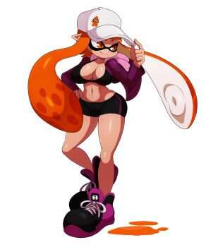 1girl 2016 adjusting_clothes adjusting_headwear alternate_breast_size baseball_cap bike_shorts black_shorts blunt_bangs breasts cleavage cleavage_cutout clothing_cutout crop_top eric_lowery female_focus hand_on_own_hip hat headgear highres hood hoodie inkling inkling_girl inkling_player_character large_breasts long_hair long_sleeves matching_hair/eyes navel nintendo open_clothes open_hoodie orange_eyes orange_hair paint_splatter pointy_ears purple_shoes revealing_clothes shoes short_shorts shorts simple_background single_vertical_stripe smile sneakers solo solo_focus splatoon_(series) splatoon_1 squid standing tentacle_hair tentacles white_background