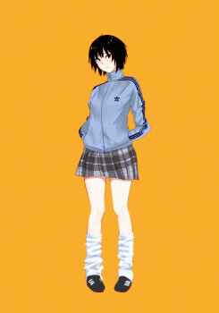 Rule 34 | 1girl, absurdres, adidas, alternate costume, amagami, black eyes, black hair, black shoes, blue jacket, closed mouth, commentary, full body, hands in pockets, highres, huge filesize, jacket, light blush, long sleeves, looking at viewer, loose socks, miniskirt, nanasaki ai, orange background, oshizu, plaid clothes, plaid skirt, shoes, short hair, simple background, skirt, sneakers, socks, solo, standing, turtleneck, turtleneck jacket, white socks
