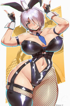 Rule 34 | 1girl, angel (kof), animal ear hairband, animal ears, black leotard, blue eyes, breasts, cleavage, detached collar, fake animal ears, fingerless gloves, fishnet pantyhose, fishnets, gloves, hair over one eye, hairband, highleg, highleg leotard, horns pose, index fingers raised, large breasts, leotard, looking at viewer, midriff, navel, pantyhose, playboy bunny, rabbit ear hairband, rabbit ears, short hair, smile, snk, solo, strapless, strapless leotard, the king of fighters, toned, toned female, white hair, white wrist cuffs, wrist cuffs, yotastar