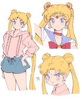 1girl bishoujo_senshi_sailor_moon blue_eyes blue_sailor_collar blue_skirt blush bow bowtie choker closed_mouth collared_shirt cowboy_shot crescent crescent_choker crescent_earrings double_bun earrings furrowed_brow gem hair_bun hand_on_own_hip highres hood hood_down hoodie jewelry long_hair long_sleeves looking_at_viewer miniskirt multiple_views parted_bangs pink_hoodie pink_shirt polo_tokki pout red_bow red_bowtie red_choker red_gemstone sailor_collar sailor_moon sailor_senshi_uniform shirt short_sleeves skirt smile stud_earrings tiara tsukino_usagi twintails upper_body very_long_hair white_background white_shirt