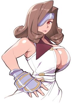 1girl absurdres bare_shoulders beatrix breasts brown_hair cleavage eyepatch fantasy final_fantasy final_fantasy_ix hand_on_own_hip hidarikiki highres huge_breasts large_breasts lips looking_at_viewer red_eyes sleeveless solo upper_body