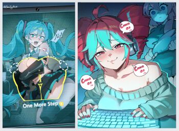 3girls :3 anger_vein aqua_eyes aqua_hair artist_name black_skirt black_thighhighs blush breasts commentary computer computer_keyboard empty_eyes english_commentary english_text fish frown furrowed_brow half-closed_eyes hatsune_miku headphones highres kasane_teto laptop large_breasts long_hair long_sleeves looking_at_another megurine_luka multiple_girls naughty_face navel off-shoulder_sweater off_shoulder pleated_skirt red_eyes red_hair red_nails scanlines screen_light sin_(sintrybest) skindentation skirt sleeves_past_wrists speech_bubble stomach sweater thighhighs twintails twitter_username utau v-shaped_eyebrows very_long_hair vocaloid