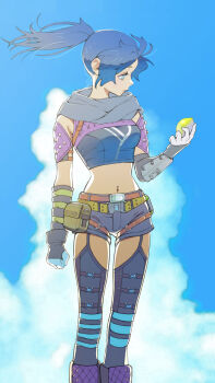 1girl absurdres adapted_costume alternate_hairstyle animification apex_legends black_gloves black_scarf black_shirt black_thighhighs blue_hair breasts brown_pants cloud cropped_shirt elbow_gloves floating_hair garter_straps gloves grey_shorts hair_behind_ear highres long_hair medium_breasts midriff navel navel_piercing pants piercing ponytail pouch scarf shirt shorts sky sleeveless sleeveless_shirt smile solo thighhighs usaginu wraith_(apex_legends)