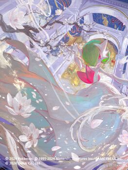 Rule 34 | 1other, 2024, arch, bob cut, branch, colored skin, commentary request, copyright name, dress, egawa akira, elbow gloves, falling petals, flower, from below, gardevoir, gen 3 pokemon, gloves, green hair, hair over one eye, indoors, looking down, mega gardevoir, mega pokemon, nintendo, official art, petals, pokemon, pokemon (creature), pokemon tcg, pokemon tcg pocket, red eyes, white dress, white skin