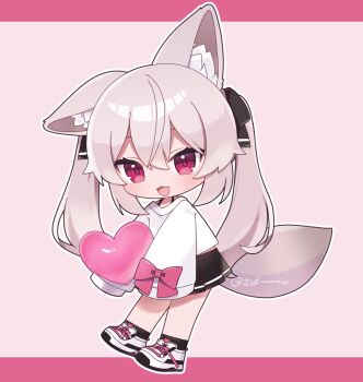 Rule 34 | 1girl, :3, :d, akikan sabako, animal ear fluff, animal ears, artist name, black ribbon, black skirt, black socks, blush, bow, chibi, chibi only, commentary request, double-parted bangs, fox ears, fox girl, fox tail, full body, hair between eyes, hair ribbon, heart, highres, holding, holding heart, karin (vrchat), letterboxed, long hair, long sleeves, looking at viewer, open mouth, outline, outside border, pink background, pink bow, pink hair, pleated skirt, red eyes, ribbon, shirt, shoes, simple background, skirt, sleeve bow, sleeves past fingers, sleeves past wrists, smile, sneakers, socks, solo, standing, tail, twintails, vrchat, white outline, white shirt, white shoes