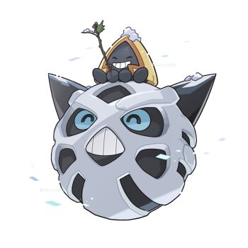 blue_eyes commentary_request evolutionary_line floating gen_3_pokemon glalie highres holding horns ice muru_zatta nintendo on_head pokemon pokemon_(creature) pokemon_focus pokemon_on_head sitting smile snorunt snow teeth twig white_background