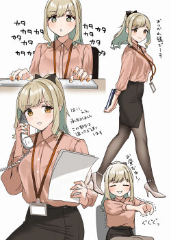 1girl applying_manicure arms_behind_back black_pantyhose doushimasho high_heels highres long_legs nail_polish office_lady original pantyhose pencil_skirt ponytail skirt typing walking working