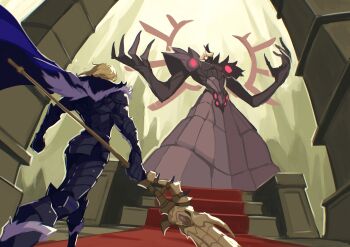 Rule 34 | 1boy, 1girl, absurdres, areadbhar (fire emblem), armor, black armor, black boots, blonde hair, blue cape, boots, cape, commentary, commission, dimitri alexandre blaiddyd, dimitri alexandre blaiddyd (timeskip), edelgard von hresvelg, edelgard von hresvelg (hegemon husk), edelgard von hresvelg (timeskip), english commentary, fire emblem, fire emblem: three houses, from behind, from below, fur-trimmed cape, fur trim, highres, holding, holding polearm, holding weapon, horns, julianvanist, monster girl, nintendo, polearm, red carpet, red eyes, spoilers, walking, weapon, white hair