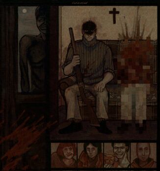 2girls 3boys black_hair blood censored censored_violence character_request coat coat_guy_(no_i&#039;m_not_a_human) colored_skin cross eating gun highres holding holding_weapon intruder_(no_i&#039;m_not_a_human) latin_cross looking_at_viewer moon multiple_boys multiple_girls night no_i&#039;m_not_a_human protagonist_(no_i&#039;m_not_a_human) sanzuniur scarf short_hair shotgun smile teeth topless_male weapon