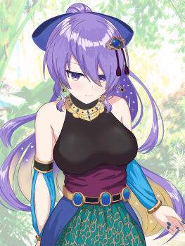 1girl absurdres bare_shoulders black_shirt blonde_hair blue_bow blue_nails blue_sleeves bow breasts closed_mouth colored_inner_hair commentary_request detached_sleeves earrings foliage gold_necklace gradient_hair green_skirt hair_between_eyes hair_bow hair_ornament halter_shirt halterneck highres hololive hololive_indonesia indonesian_clothes jewelry large_breasts long_hair looking_at_viewer moona_hoshinova moona_hoshinova_(indonesian_casual) multicolored_hair nail_polish necklace official_alternate_costume official_alternate_hairstyle pleated_skirt ponytail print_skirt purple_eyes purple_hair shirt skirt smile solo starry_hair tassel tassel_hair_ornament virtual_youtuber waist_cape wani986