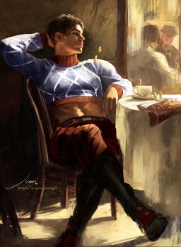 animal_print argyle_clothes argyle_hat argyle_sweater arm_behind_head arm_up black_boots blue_sweater boots brown_hair chair commentary crop_top crossed_legs cup guido_mista hat highres indoors jojo_no_kimyou_na_bouken jomijjd long_sleeves midriff mini_person on_chair pants print_pants profile realistic sex_pistols_(stand) short_hair sitting stand_(jojo) sweater symbol-only_commentary table tiger_print tiger_print_pants turtleneck turtleneck_sweater unworn_hat unworn_headwear vento_aureo yunomi