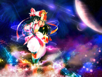 1girl ainu_clothes angel_wings arm_above_head armpits artist_request black_eyes black_hair breasts fingerless_gloves gloves hair_ribbon highres leg_lift leg_up long_hair looking_at_viewer nakoruru ribbon samurai_spirits small_breasts snk solo space the_king_of_fighters weapon wings