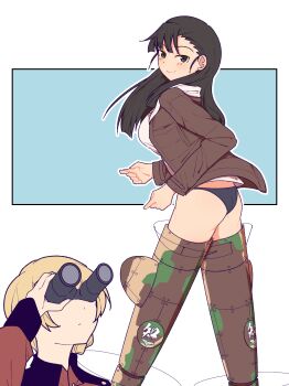 2girls ass binoculars black_hair black_panties blonde_hair blush breasts chi-hatan_military_uniform closed_mouth darjeeling_(girls_und_panzer) girls_und_panzer grey_eyes highres large_breasts long_hair looking_at_viewer military_uniform multiple_girls nishi_kinuyo panties shirt simple_background sketch smile st._gloriana&#039;s_military_uniform striker_unit underwear white_shirt world_witches_series yuri zannen_hero