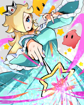 1girl :o blonde_hair blue_dress blue_eyes brooch crown dress earrings hair_over_one_eye hanimitsu_(bisko) highres holding holding_wand jewelry long_hair long_sleeves looking_at_viewer luma_(mario) mario_(series) nintendo open_mouth purple_nails red_luma rosalina star_(symbol) star_brooch star_earrings wand