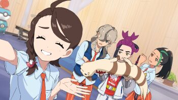 2boys 2girls arven_(pokemon) black_hair blue_eyes blue_vest braid brown_hair closed_eyes collared_shirt commentary_request crossed_arms freckles furret gen_2_pokemon gloves green_hair grin hair_ornament hair_over_one_eye highres holding holding_pokemon indoors jacket juliana_(pokemon) kieran_(pokemon) long_hair long_sleeves multicolored_hair multiple_boys multiple_girls naranja_academy_school_uniform necktie nemona_(pokemon) nintendo open_clothes open_jacket open_mouth orange_eyes plant pokemon pokemon_(creature) pokemon_sv ponytail potted_plant purple_hair school_uniform selfie shirt short_sleeves single_glove smile tli_eilt_pk vest white_shirt yellow_eyes