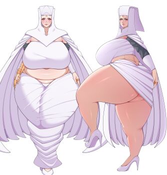 1girl absurdres arm_wrap ass blue_eyes breasts butt_crack cape coif crop_top en&#039;en_no_shouboutai facial_mark fat fat_woman forehead_mark from_side gold_(en&#039;en_no_shouboutai) habit high_heels highres hood huge_ass huge_breasts jewelry lips mature_female midriff multiple_views navel plump revealing_clothes ring rivsarm shirt shoes skirt solo standing thick_thighs thighs white_background white_cape white_shirt white_shoes white_skirt wide_hips