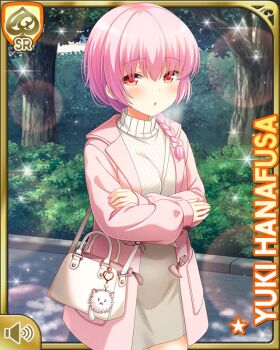 1girl :o bag braid braided_ponytail card_(medium) day dress girlfriend_(kari) grey_sweater hanafusa_yuki handbag jacket official_art open_mouth outdoors pink_hair pink_jacket ponytail qp:flapper red_eyes scrunchie solo standing sweater sweater_dress tagme