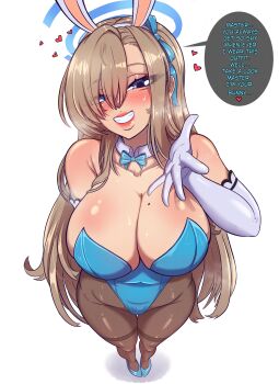 Rule 34 | 1girl, absurdres, animal ear hairband, animal ears, asuna (blue archive), asuna (bunny) (blue archive), bare shoulders, blonde hair, blue archive, blue bow, blue bowtie, blue eyes, blue halo, blue leotard, blue shoes, blush, bow, bowtie, breasts, cleavage, collarbone, covered groin, covered navel, detached collar, fake animal ears, gloves, grin, hair between eyes, hair over one eye, hair ribbon, hairband, halo, highleg, highleg leotard, highres, large breasts, leotard, long hair, looking at viewer, marko141, mole, mole on breast, pantyhose, playboy bunny, rabbit ear hairband, rabbit ears, ribbon, shoes, smile, solo, thick lips, thighband pantyhose, very long hair, white gloves