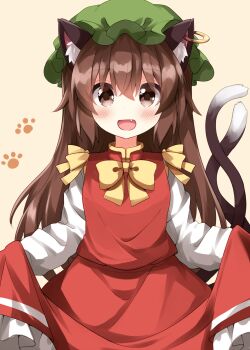 Rule 34 | 1girl, :d, alternate hair length, alternate hairstyle, animal ear fluff, animal ear piercing, animal ears, blush, bow, bowtie, brown eyes, brown hair, cat ears, cat girl, chen, commentary request, cowboy shot, fang, frilled skirt, frills, green hat, hat, highres, long hair, long sleeves, looking at viewer, mob cap, multiple tails, open mouth, red skirt, red vest, ruu (tksymkw), shirt, simple background, skirt, skirt hold, skirt set, smile, solo, tail, touhou, two tails, vest, white shirt, yellow bow, yellow bowtie