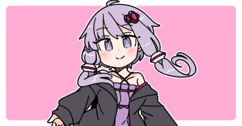 1girl ahoge bare_shoulders black_jacket blush border closed_mouth dress hair_ornament halter_dress halterneck ini_(inunabe00) jacket long_sleeves looking_at_viewer off_shoulder open_clothes open_jacket outline outside_border pink_background purple_dress purple_eyes short_hair_with_long_locks simple_background smile solo upper_body vocaloid voiceroid white_border white_outline yuzuki_yukari