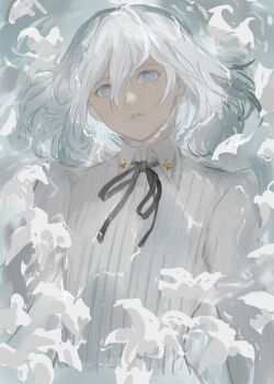 Rule 34 | 1boy, black ribbon, flower, grey hair, highres, looking at viewer, male focus, medium hair, metaphor: refantazio, neck ribbon, parted lips, ribbon, samerkgk, shirt, solo, teeth, the prince (metaphor: refantazio), upper body, white flower, white shirt