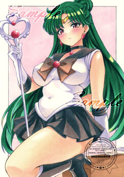 1girl back_bow bishoujo_senshi_sailor_moon black_boots black_choker black_sailor_collar black_skirt blush boots bow brooch brown_bow choker circlet closed_mouth commentary_request covered_navel cowboy_shot earrings elbow_gloves expressionless garnet_rod gloves green_hair hair_bun holding holding_staff jewelry knee_boots long_hair looking_at_viewer magical_girl meiou_setsuna miniskirt miyakooo0420 pink_background pleated_skirt red_eyes sailor_collar sailor_pluto sailor_senshi_uniform sample_watermark shiny_skin skirt solo staff traditional_media watermark white_gloves