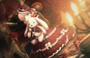 1girl aqua_eyes book dress dutch_angle empty_picture_frame fascinator frilled_dress frills game_cg highres hinoshita_kaho indoors link!_like!_love_live! lolita_fashion looking_at_viewer love_live! non-web_source official_art on_floor orange_hair picture_frame poupee_en_lotus_(love_live!) red_dress red_shoes shoes sitting solo stuffed_animal stuffed_rabbit stuffed_toy virtual_youtuber