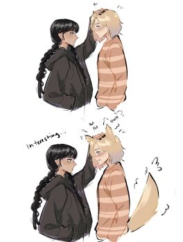 Rule 34 | 2girls, the addams family, animal ears, black hair, black hoodie, black nails, blonde hair, blush, braid, english text, enid sinclair, hand on another's head, headpat, highres, hood, hoodie, long hair, multicolored hair, multiple girls, nail polish, randersms, short hair, tail, tail wagging, upper body, wednesday (netflix), wednesday addams, white background, wolf ears, wolf tail