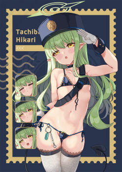 1girl :o alternate_costume arm_up bare_shoulders bikini black_choker black_hat black_panties blue_archive blush bra breasts character_name choker closed_eyes closed_mouth demon_girl demon_tail dot_nose expression_chart flat_chest frilled_thighhighs frills furrowed_brow gloves gluteal_fold green_hair green_halo gun hair_between_eyes half-closed_eyes halo handgun hat highres hikari_(blue_archive) holding holding_gun holding_weapon lace lace-trimmed_thighhighs lace_trim lingerie loli long_hair looking_at_viewer multiple_expressions navel open_mouth panties peaked_cap pointy_ears salute side-tie_panties small_breasts solo standing stomach string_bikini tail thighhighs underwear underwear_only very_long_hair weapon white_gloves white_thighhighs wrist_cuffs xephonia yellow_eyes zettai_ryouiki