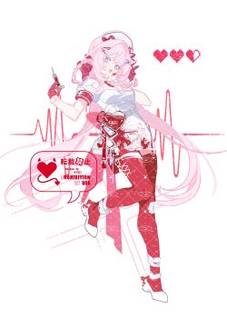 Rule 34 | 1girl, absurdres, alternate costume, blood, blood on clothes, blue eyes, breasts, chinese commentary, commentary request, dress, elysia (honkai impact), full body, gloves, hat, heart, highres, holding, holding syringe, honkai (series), honkai impact 3rd, long hair, looking at viewer, medium breasts, nizi w, nurse, nurse cap, pink hair, red gloves, red thighhighs, shoes, simple background, smile, solo, syringe, thighhighs, very long hair, white background, white dress, white shoes