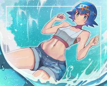 1girl bare_shoulders blue_eyes blue_hair blue_shorts blue_sky blush breasts cosplay cropped_shirt denim denim_shorts hairband highres lana_(pokemon) looking_at_viewer midriff misty_(pokemon) misty_(pokemon)_(cosplay) navel nintendo ocean outdoors parted_lips pokemon pokemon_lgpe pokemon_sm short_hair shorts sky small_breasts solo stomach tank_top water white_tank_top yasu_suupatenin