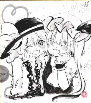 2girls absurdres blush commentary_request eyeball flandre_scarlet frilled_sleeves frills greyscale hat hat_ribbon heart heart_of_string highres komeiji_koishi long_hair looking_at_viewer mob_cap monochrome multiple_girls one_eye_closed one_side_up open_mouth ribbon shikishi smile sumi-e third_eye touhou traditional_media very_long_hair vest wrist_cuffs yuzuha_(yuzutime)