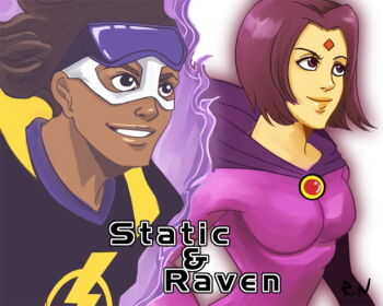 1boy 1girl black_hair bob_cut brown_eyes character_name cloak dark_skin dc_comics dreadlocks goggles gradient_background mask purple_eyes raven_(dc) short_hair smile static_shock teen_titans virgil_ovid_hawkins