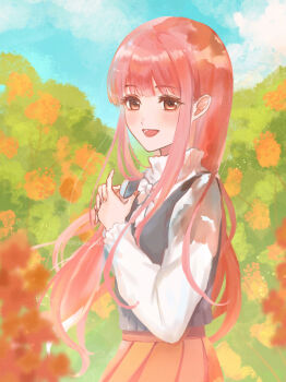 1girl black_vest blue_sky bow bowtie brown_eyes brown_skirt cloud collared_shirt commentary_request cowboy_shot day eyelashes frilled_shirt_collar frilled_sleeves frills garden happy high_collar highres kohanai_setsuna light_particles long_hair long_sidelocks long_sleeves lower_teeth_only nikki_(nikki) nikki_(series) open_mouth outdoors pink_hair pleated_skirt puffy_long_sleeves puffy_sleeves rose_bush shining_nikki shirt sidelocks skirt sky smile solo standing teeth very_long_hair vest white_bow white_bowtie white_shirt