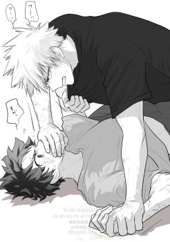 2boys arm_up bakugou_katsuki boku_no_hero_academia clenched_teeth clothes_grab commentary_request covering_another's_mouth crew_neck eye_contact facial_scar grabbing_another's_shirt greyscale hand_over_another's_mouth highres looking_at_another male_focus midoriya_izuku monochrome multiple_boys multiple_scars oroshi_mi scar scar_on_arm scar_on_cheek scar_on_face shirt short_hair short_sleeves speech_bubble spiked_hair t-shirt teeth watermark