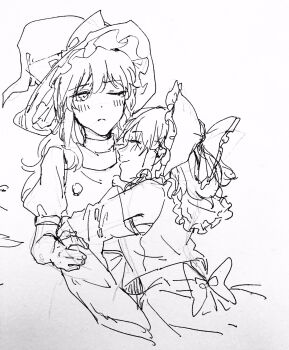 Rule 34 | 2girls, aihara-rina, back bow, blush, bow, chinese commentary, closed eyes, closed mouth, commentary request, detached sleeves, frilled bow, frilled hair tubes, frills, greyscale, hair bow, hair tubes, hakurei reimu, hat, hat bow, highres, hug, kirisame marisa, long hair, monochrome, multiple girls, puffy short sleeves, puffy sleeves, ribbon-trimmed sleeves, ribbon trim, short sleeves, sketch, skirt, smile, touhou, vest, witch hat, yuri