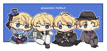 Rule 34 | 4boys, :3, black gloves, black hakama, black kimono, black pants, black shirt, black shoes, blonde hair, blue background, blue eyes, blue flower, blue necktie, blush stickers, braid, braided bangs, brown shoes, buttons, chibi, chibi only, coat, collared shirt, commentary request, diamond button, double-breasted, english text, fedora, flower, formal clothes, gloves, gori3po, grey hat, grey jacket, grey pants, grey shirt, grey suit, hakama, hand on own knee, hat, hat flower, hat ribbon, highres, holding, holding stuffed toy, holostars, indian style, jacket, japanese clothes, kimono, kishido temma, kishido temma (1st costume), kishido temma (3rd costume), kishido temma (4th costume), kishido temma (fall/winter), knee up, male focus, mini hat, mini top hat, multiple boys, multiple persona, necktie, official alternate costume, one eye closed, outline, outside border, pants, polka dot, polka dot background, ribbon, shirt, shoes, sitting, sleeve cuffs, striped clothes, striped necktie, stuffed animal, stuffed jellyfish, stuffed toy, suit, top hat, white coat, white outline, white pants, white suit