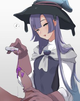 2boys aqua_eyes aqua_hat black_hat blue_hat blunt_bangs blush bottle bright_pupils brimmed_hat brooch brown_gloves clothed_male_nude_male cookie_run cookie_run:_kingdom cyan_hat dress dripping dripping_hat gloves gown gradient_clothes gradient_hat grey_cloak half-closed_eyes hat head_tilt hime_cut holding holding_bottle humanization ink jewelry leather leather_gloves liquid long_hair long_sleeves looking_at_penis looking_down male_focus multiple_boys mushroom_hat musical_note niwa_(niwa827) nude parted_bangs penis_grab potion pouring pouring_onto_another pouring_onto_penis prune_juice_cookie purple_hair purple_liquid sidelocks smile spill spilling spoken_musical_note tagme teeth trap turtleneck two-tone_hat upper_body upper_teeth_only very_long_hair white_pupils white_sleeves witch_hat