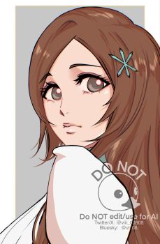 1girl bleach bleach:_sennen_kessen-hen brown_eyes closed_mouth female_focus hair_ornament hairclip highres inoue_orihime long_hair orange_hair puffy_sleeves snowflake_hair_ornament upper_body viii_00908 watermark