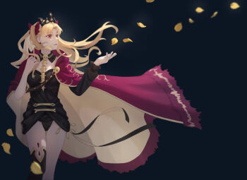 1girl absurdres asymmetrical_legwear black_background black_dress black_thighhighs blonde_hair cape commentary dress ereshkigal_(fate) falling_leaves fate/grand_order fate_(series) ginkgo_leaf highres leaf long_hair looking_to_the_side parted_lips rainn red_cape single_sleeve single_thighhigh skull solo thighhighs tiara